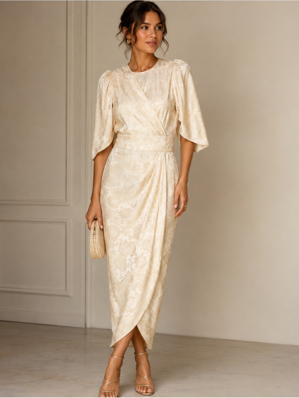 Ronny Kobo Cream Lace Midi Faux Wrap Satin Pencil Dress Size-Small Romantic Glam
